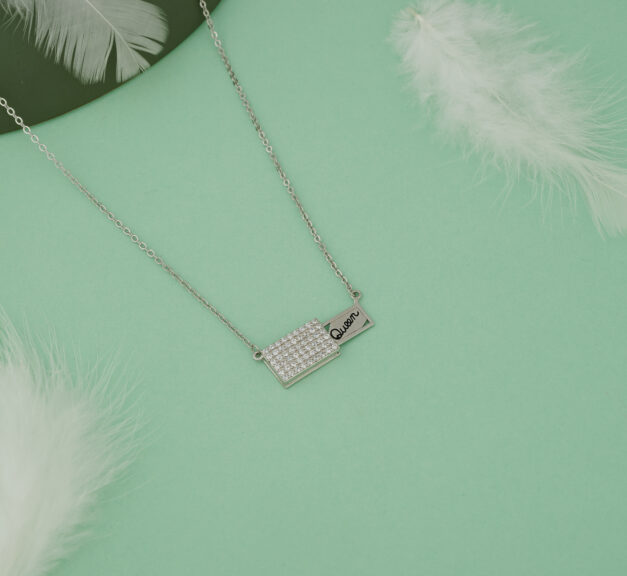 925 Sterling Silver Necklace – Pave Zircon Rectangle Pendant with “Queen” Tag