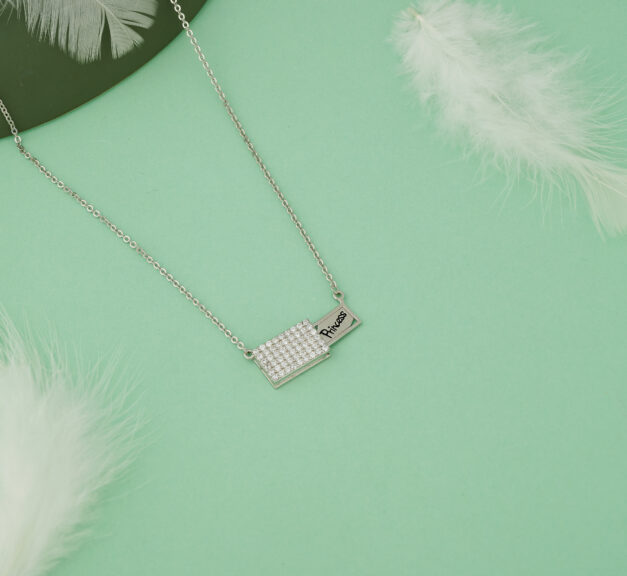 925 Sterling Silver Necklace – Pave Zircon Rectangle Pendant with “Princess” Tag