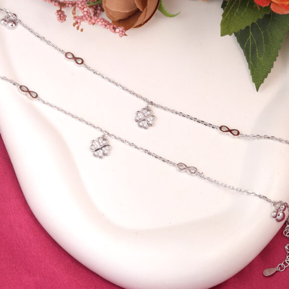 925 Sterling Silver Infinity & Clover Charm Anklet – Dainty Adjustable Chain with Zircon Accent